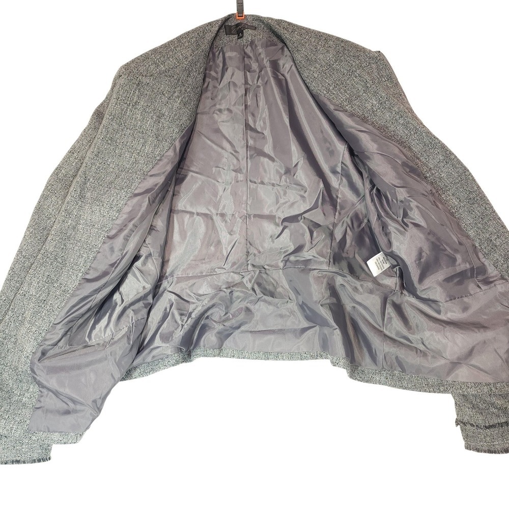 Emily Blazer Jacket Womens 16 Gray Tweed Collarless Full Zip Fringe Pockets - Picture 4 of 9